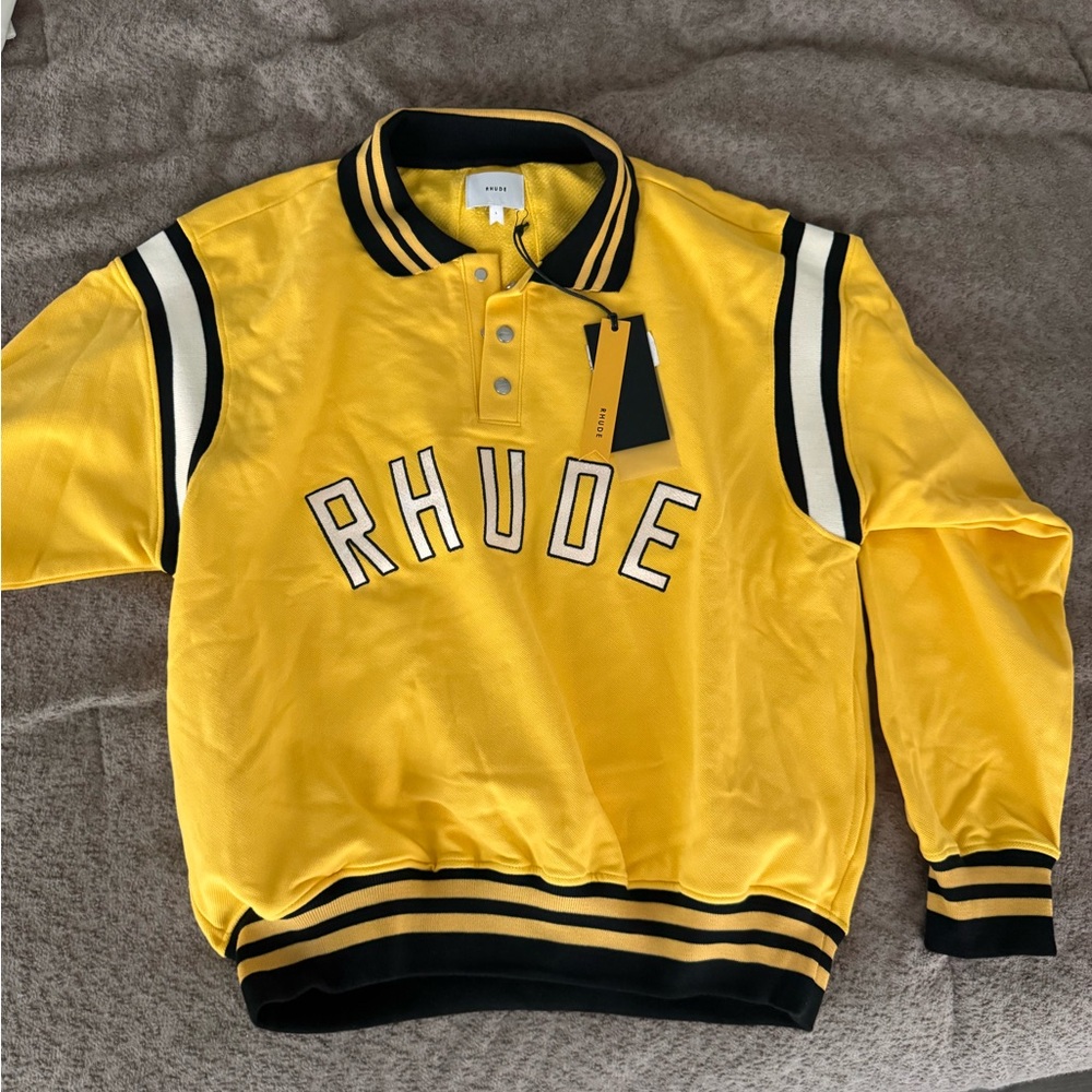 Rhude Yellow Crewneck Logo Pullover with Black & Cream Trim